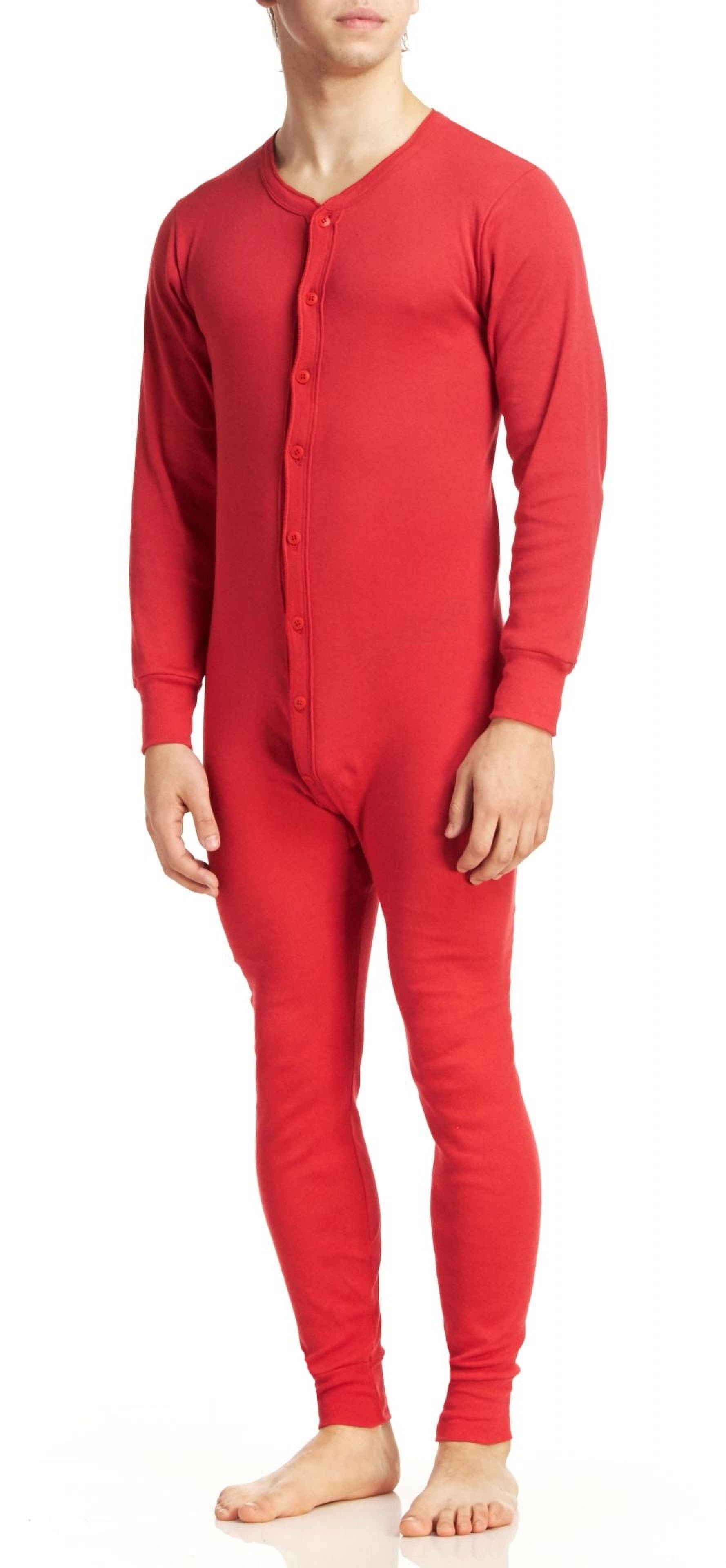 Indera Men's Cotton Classic Rib Union Suit Pajamas, Red